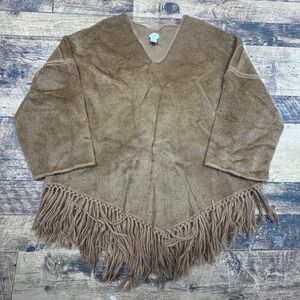 JJill Brown Fuzzy Knit V Neck Fringe Poncho Sweater M L‎ Wool Suri Alpaca